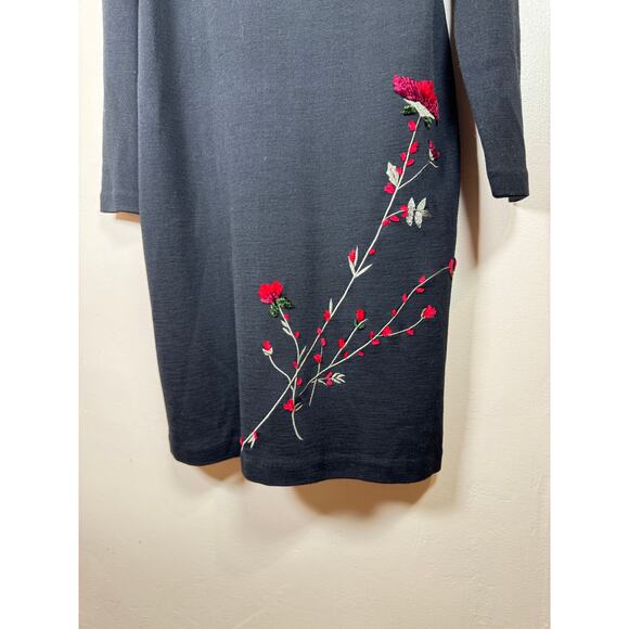 VTG Carole Little Sweater Dress XL Black Floral Embroidery Romantic Wool 90s - Picture 3 of 8